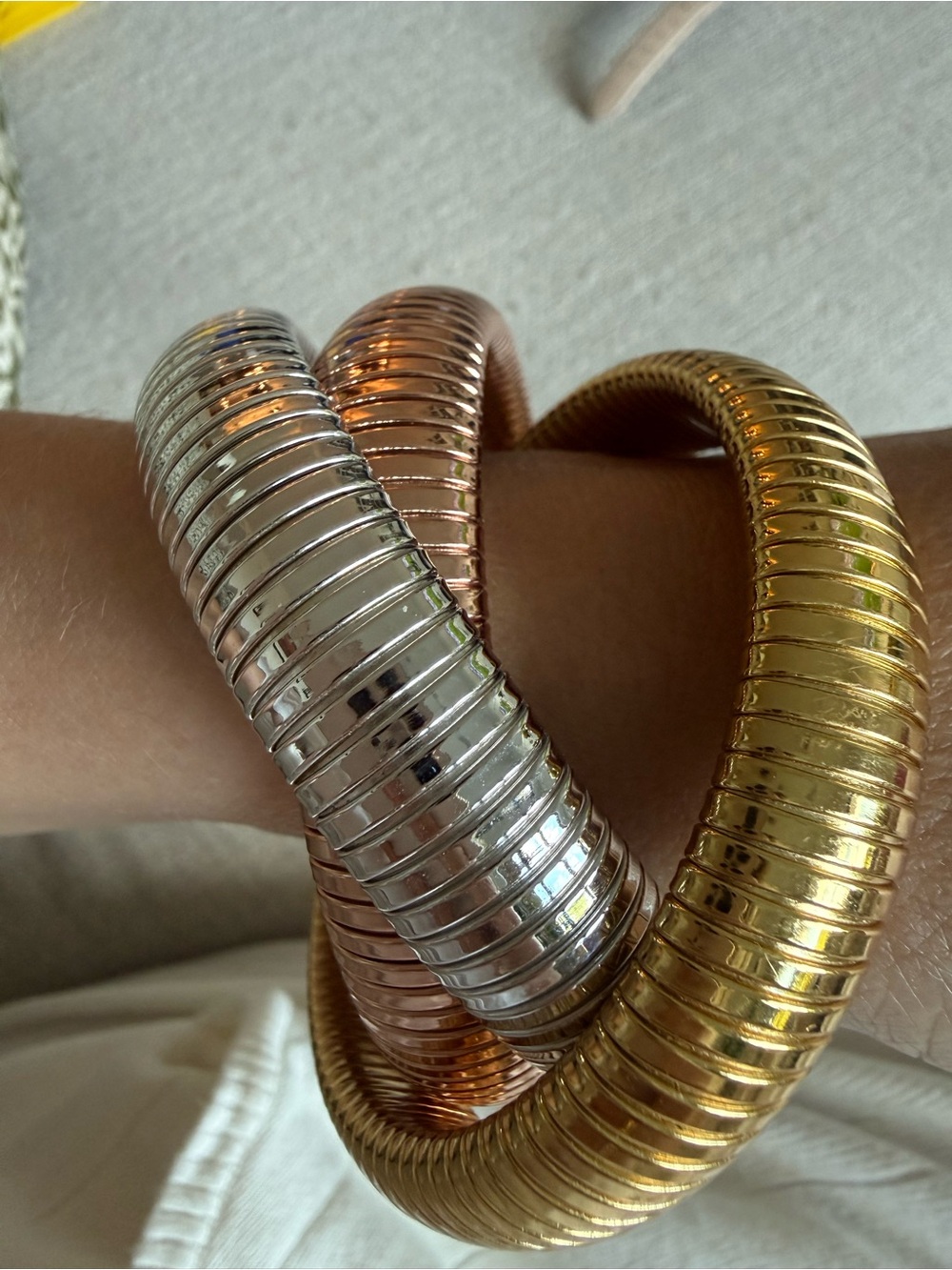 Trio Metallic Coil Bangle Bracelets - Silver, Rose Gold, Gold